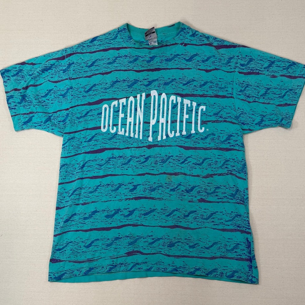 Vintage Ocean Pacific OP T-Shirt Mens Medium Teal All Over Print Surf USA 90s